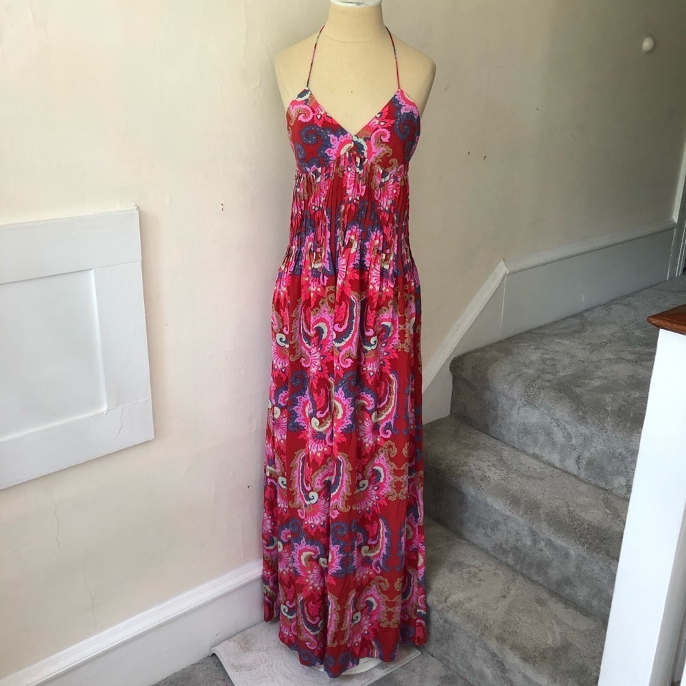 TIBI Multicolor 100% Silk Paisley Print Pleated Halter Maxi Dress EUC Size XS